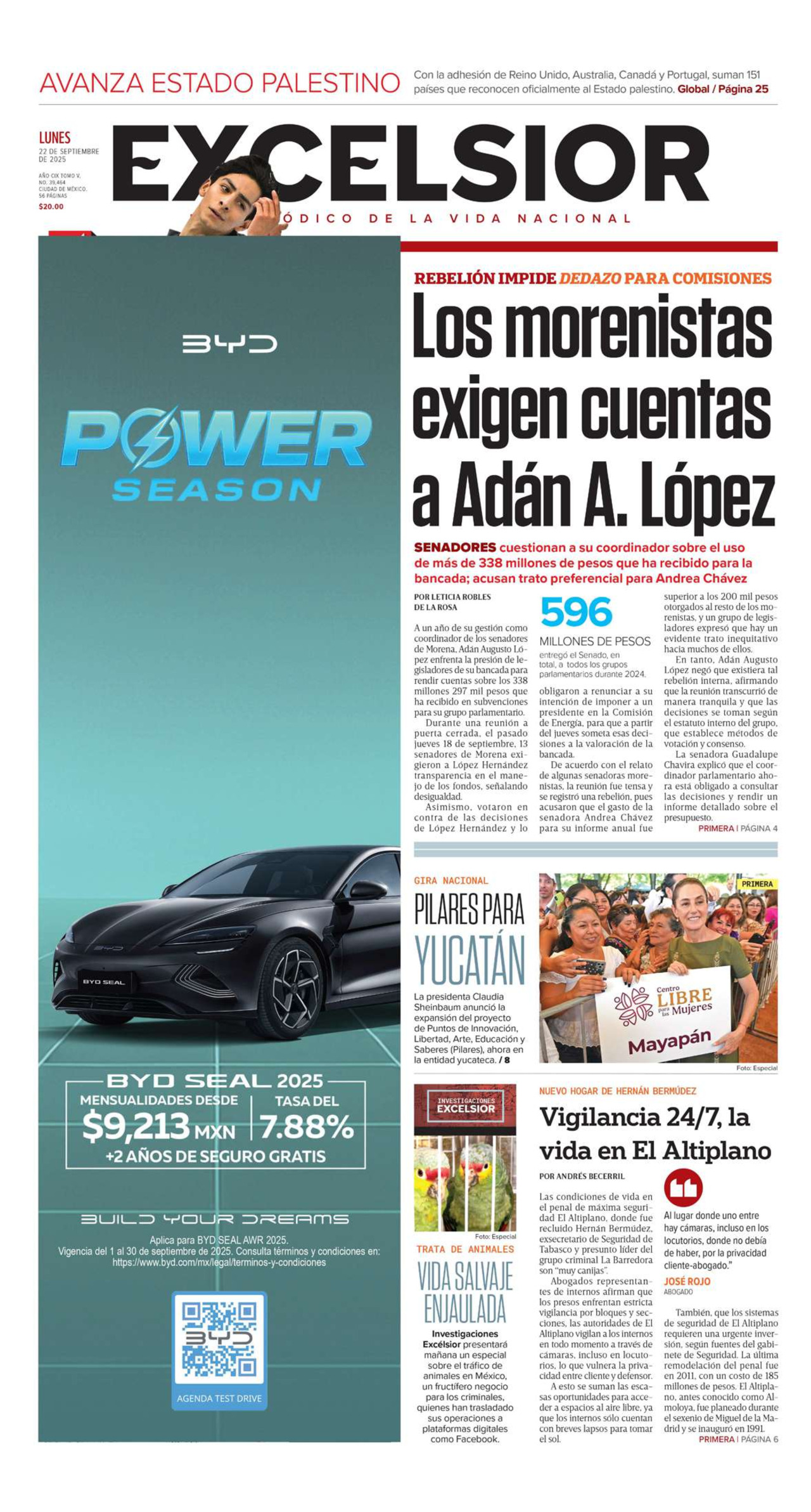 Excelsior, edición del lunes 22 de septiembre de 2025