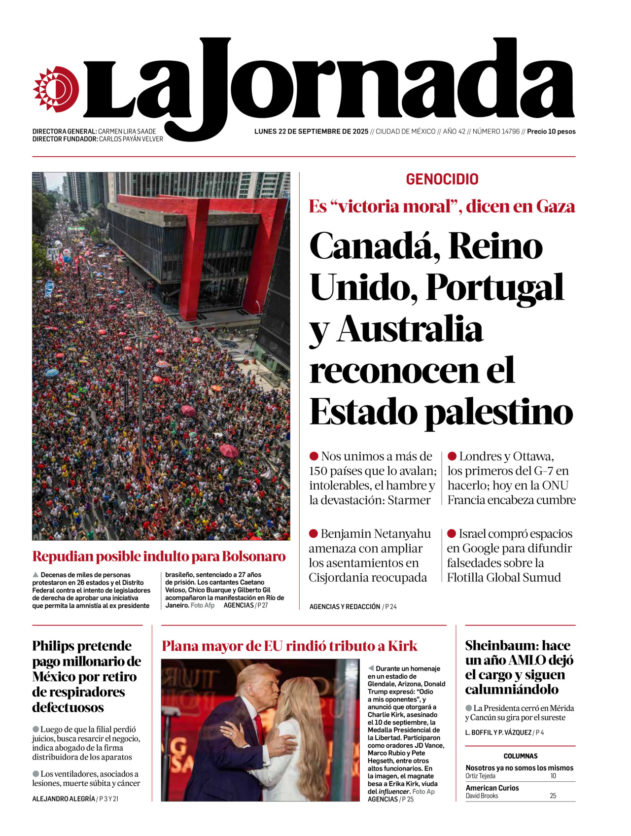 La Jornada, edición del lunes 22 de septiembre de 2025