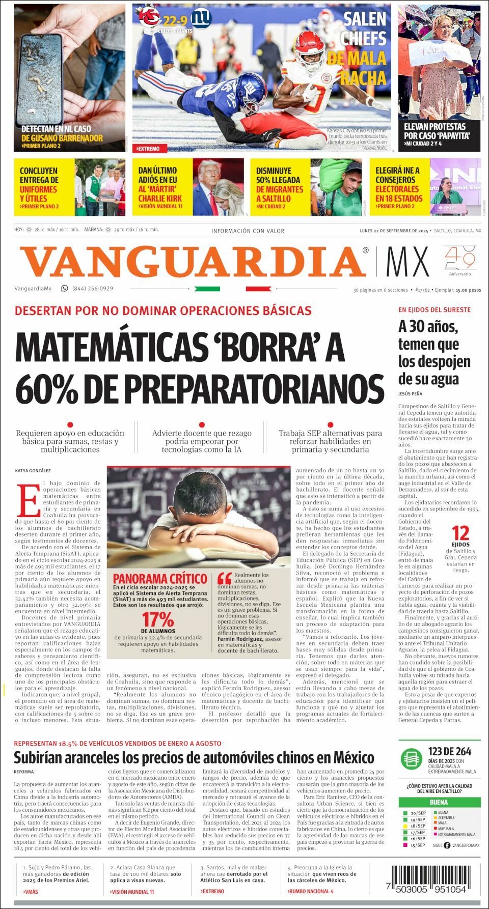 Vanguardia, edición del lunes 22 de septiembre de 2025