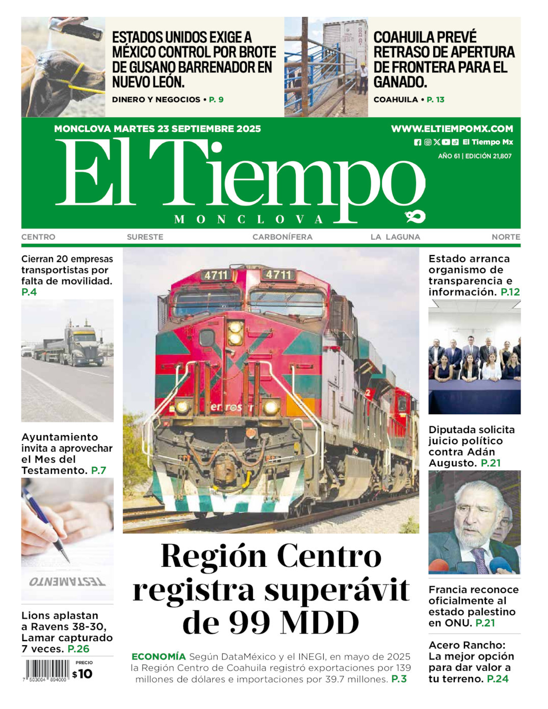 El Tiempo Monclova, edición del martes 23 de septiembre de 2025
