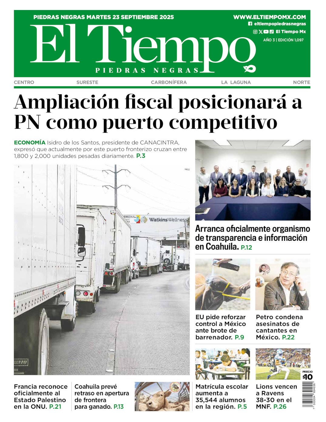 El Tiempo Piedras Negras, edición del martes 23 de septiembre de 2025