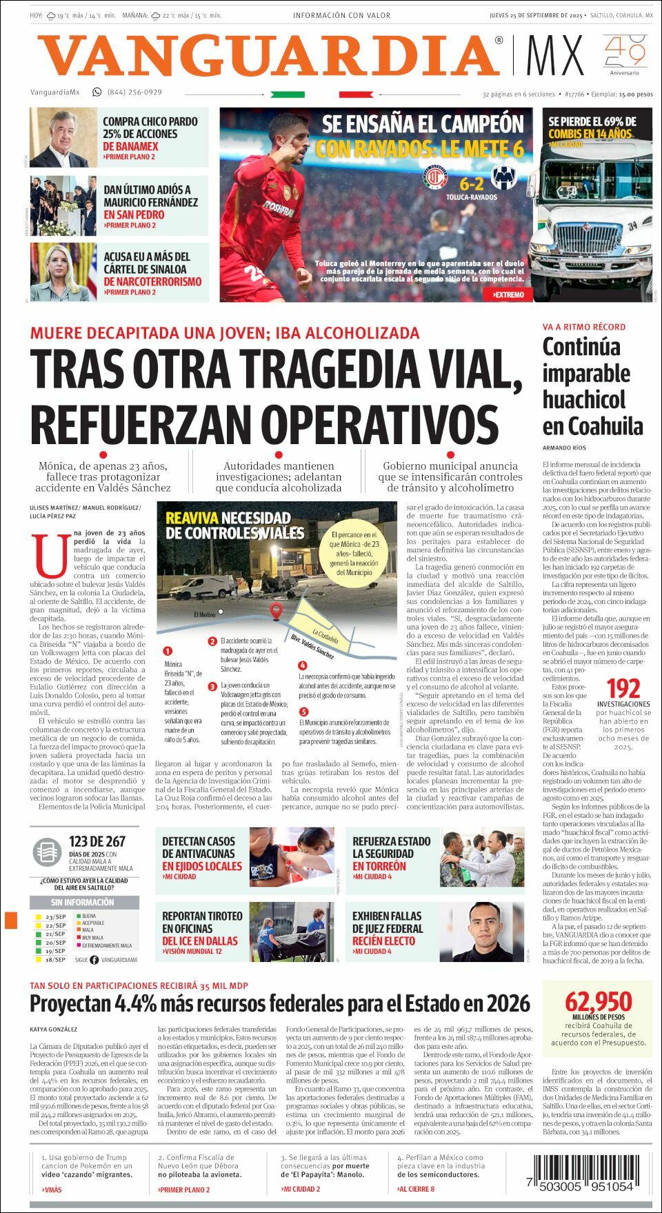Vanguardia, edición del jueves 25 de septiembre de 2025