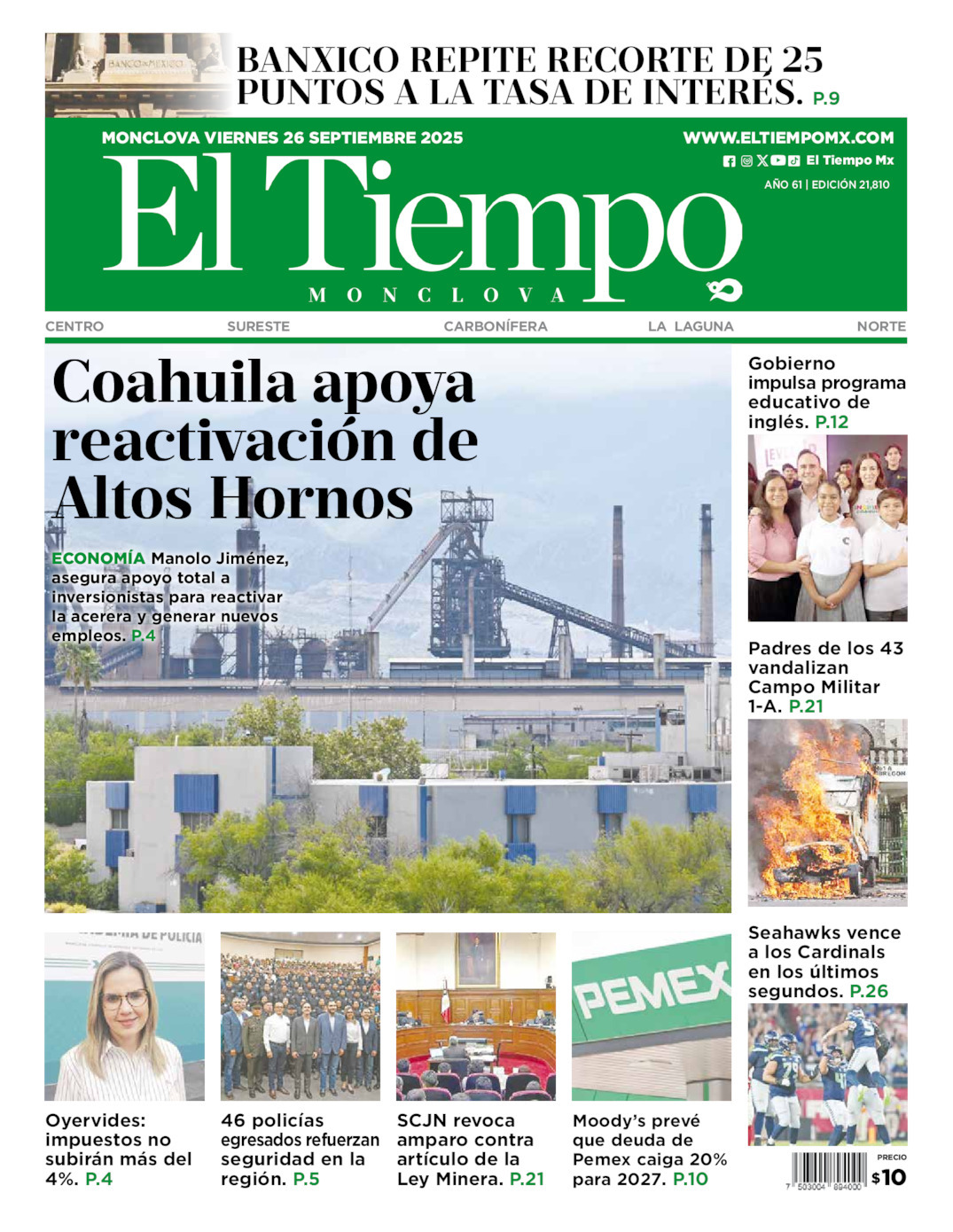 El Tiempo Monclova, edición del viernes 26 de septiembre de 2025