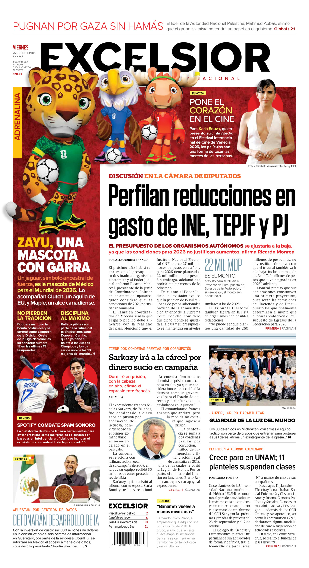 Excelsior, edición del viernes 26 de septiembre de 2025