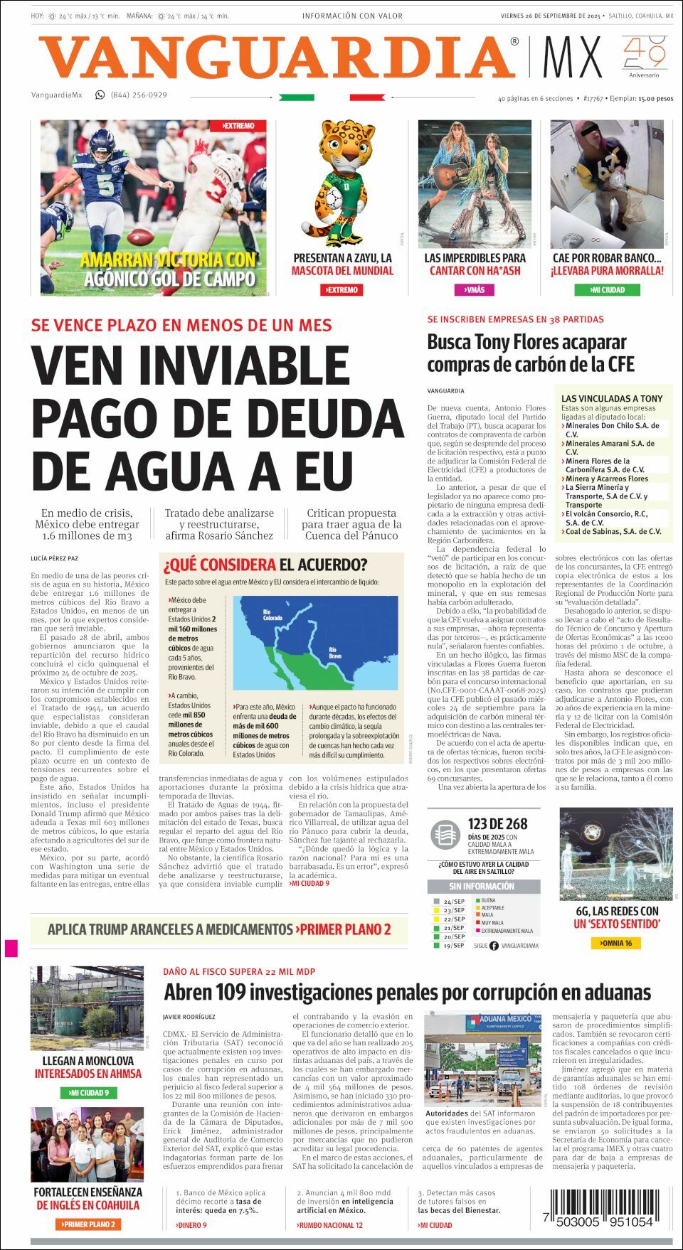 Vanguardia, edición del viernes 26 de septiembre de 2025