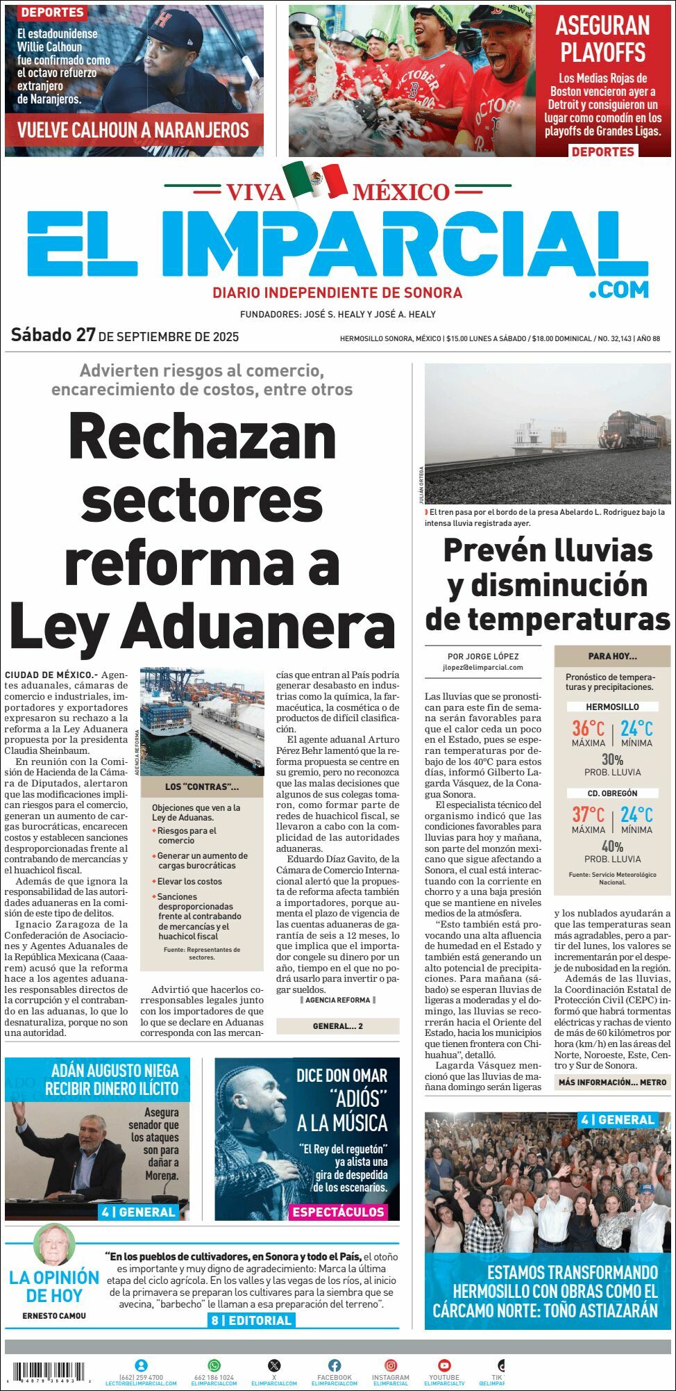 El Imparcial, edición del sábado 27 de septiembre de 2025