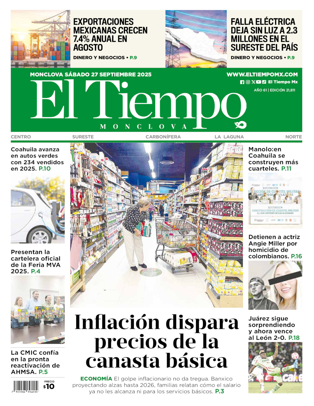 El Tiempo Monclova, edición del sábado 27 de septiembre de 2025