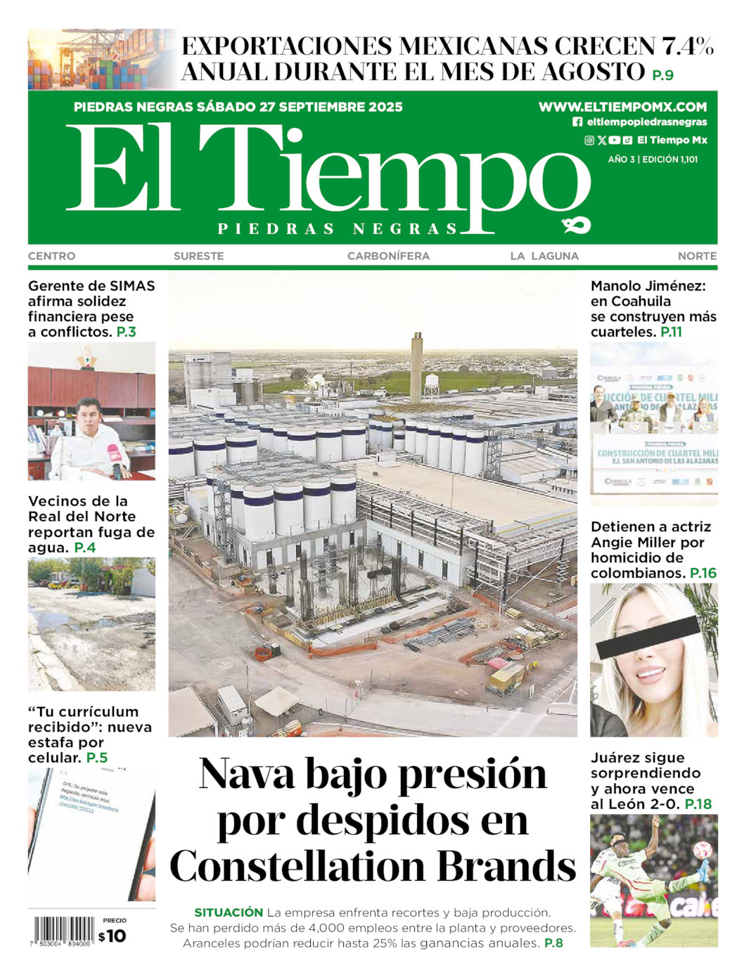 El Tiempo Piedras Negras, edición del sábado 27 de septiembre de 2025