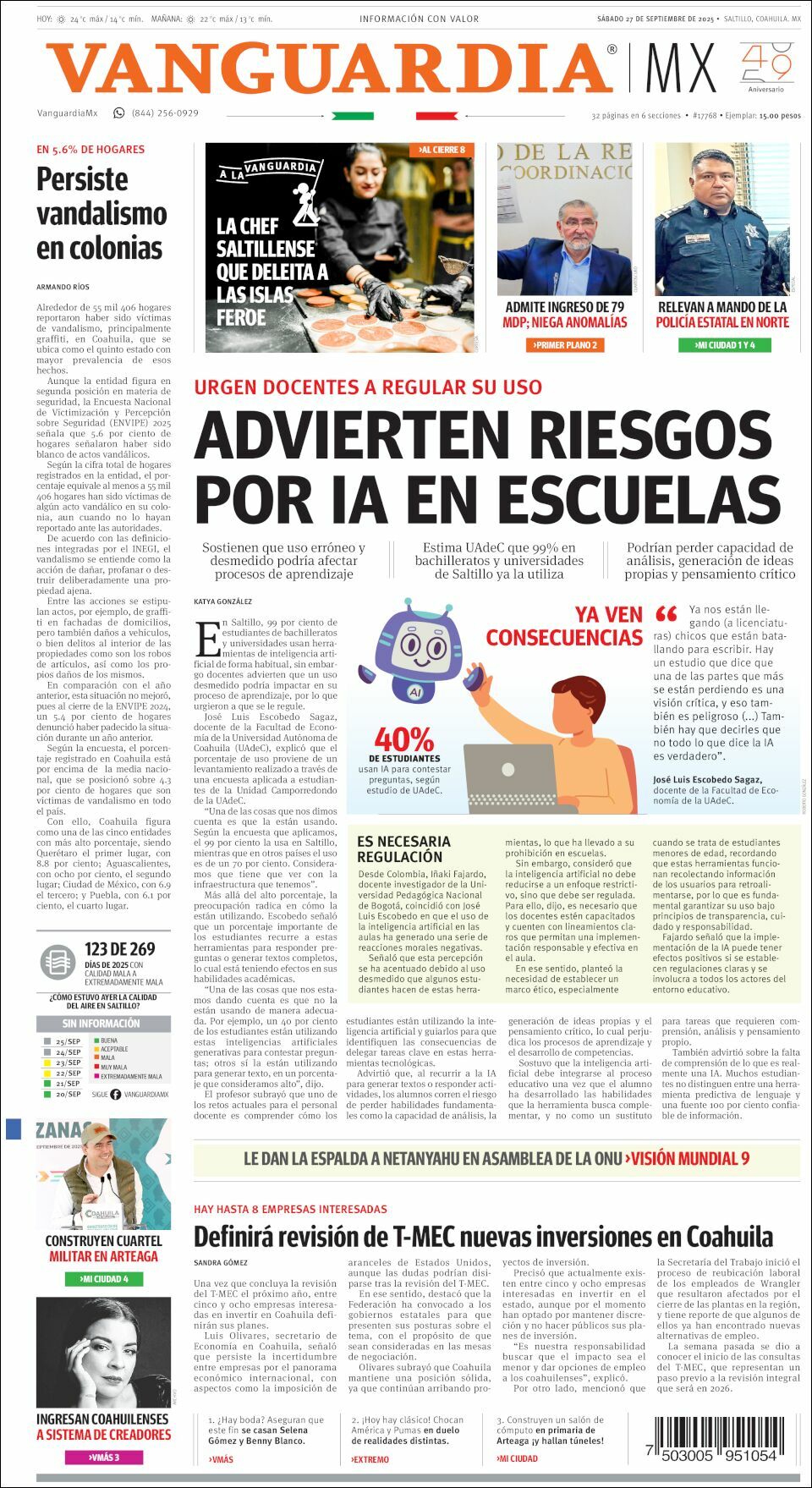 Vanguardia, edición del sábado 27 de septiembre de 2025
