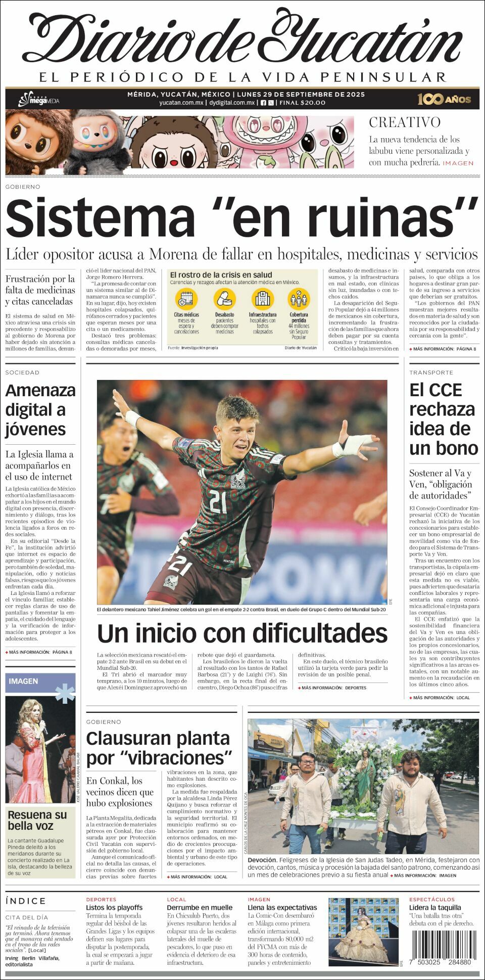 El Diario de Yucatán, edición del lunes 29 de septiembre de 2025