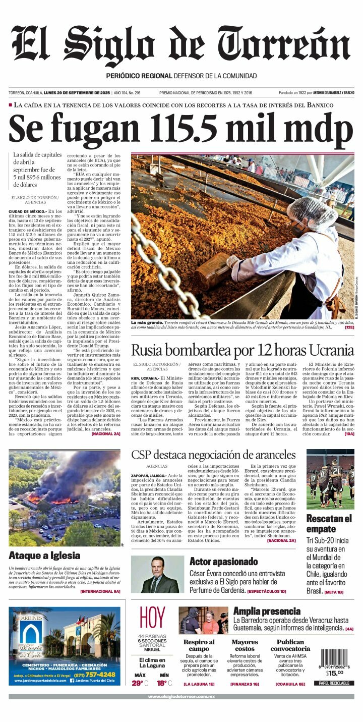 El Siglo de Torreón, edición del lunes 29 de septiembre de 2025