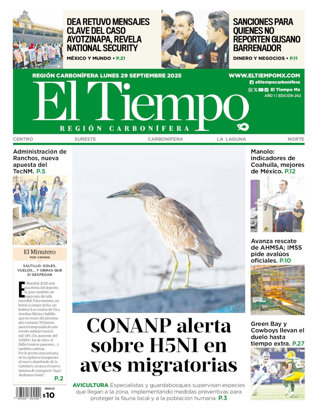 El Tiempo Región Carbonífera, edición del lunes 29 de septiembre de 2025