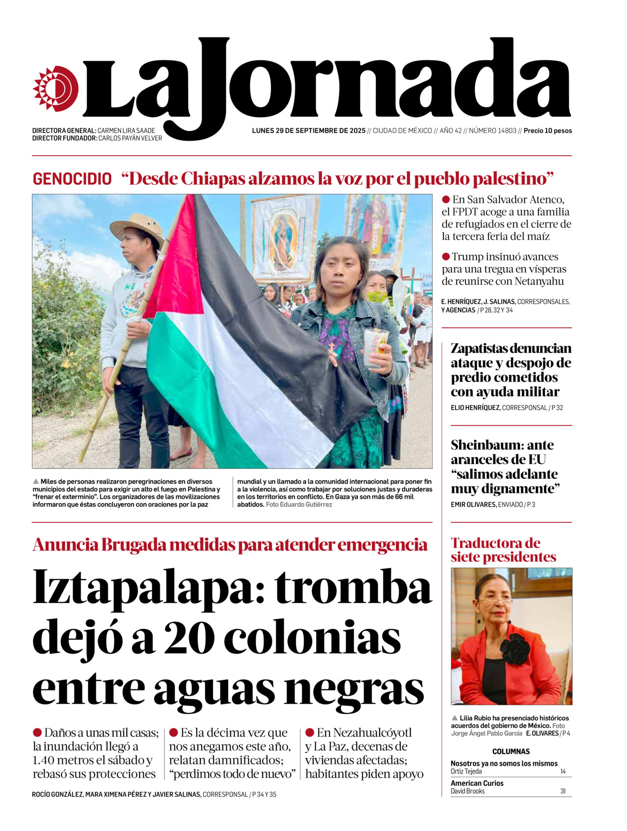 La Jornada, edición del lunes 29 de septiembre de 2025