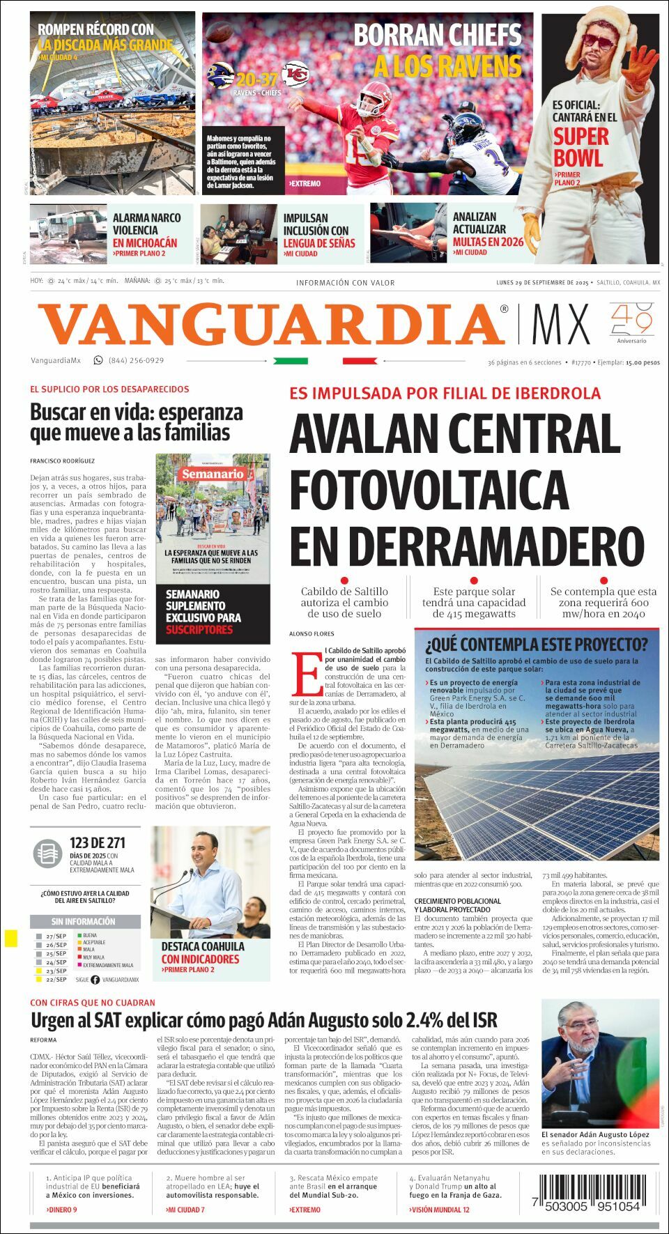 Vanguardia, edición del lunes 29 de septiembre de 2025