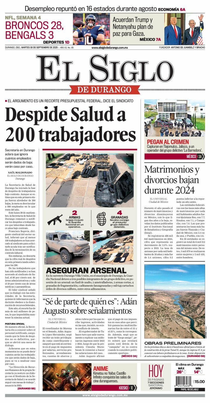 El Siglo de Durango, edición del martes 30 de septiembre de 2025 El Siglo de Durango, edición del martes 30 de septiembre de 2025
