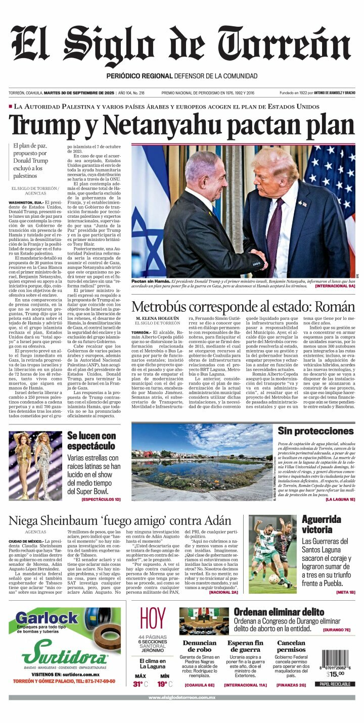 El Siglo de Torreón, edición del martes 30 de septiembre de 2025 El Siglo de Torreón, edición del martes 30 de septiembre de 2025