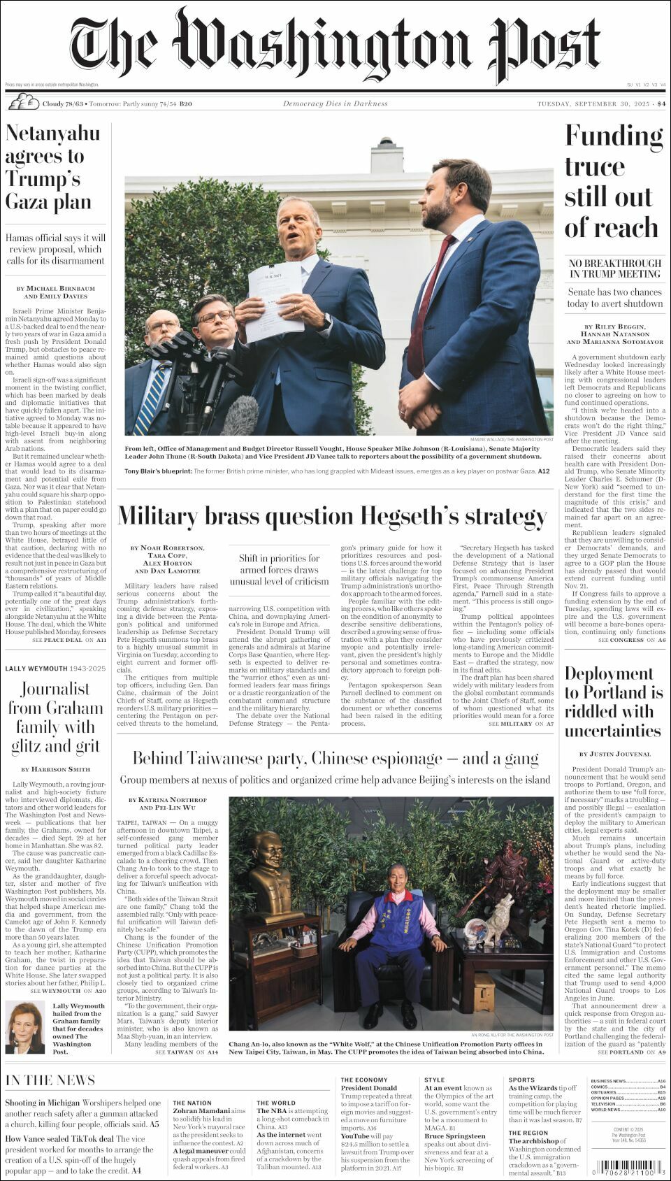 The Washington Post, edición del martes 30 de septiembre de 2025 The Washington Post, edición del martes 30 de septiembre de 2025