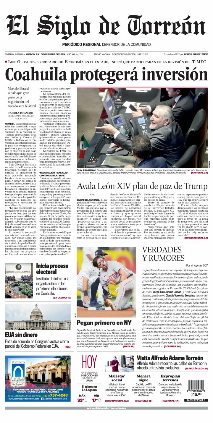 El Siglo de Torreón, edición del miércoles 01 de octubre de 2025 El Siglo de Torreón, edición del miércoles 01 de octubre de 2025