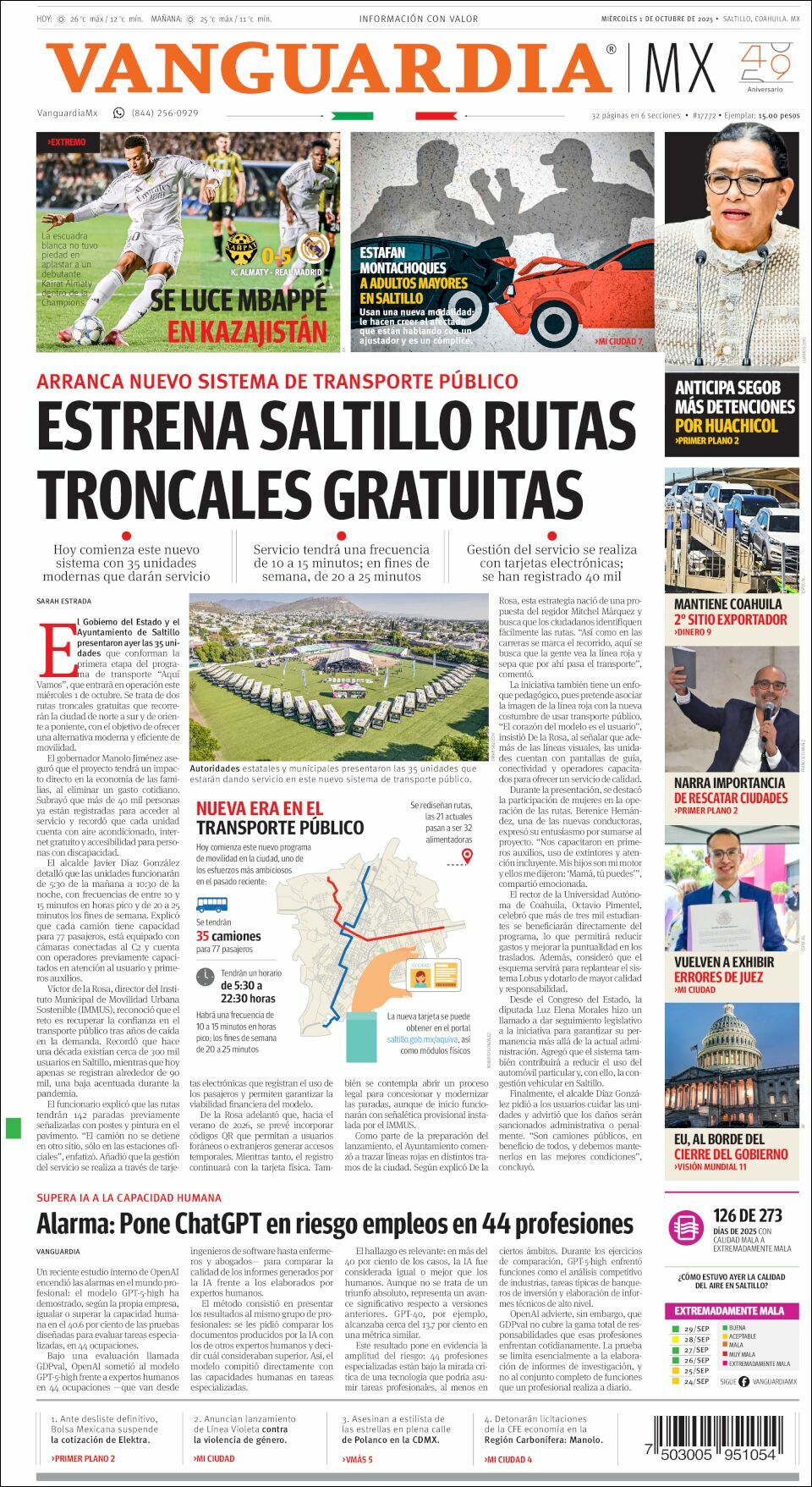 Vanguardia, edición del miércoles 01 de octubre de 2025 Vanguardia, edición del miércoles 01 de octubre de 2025