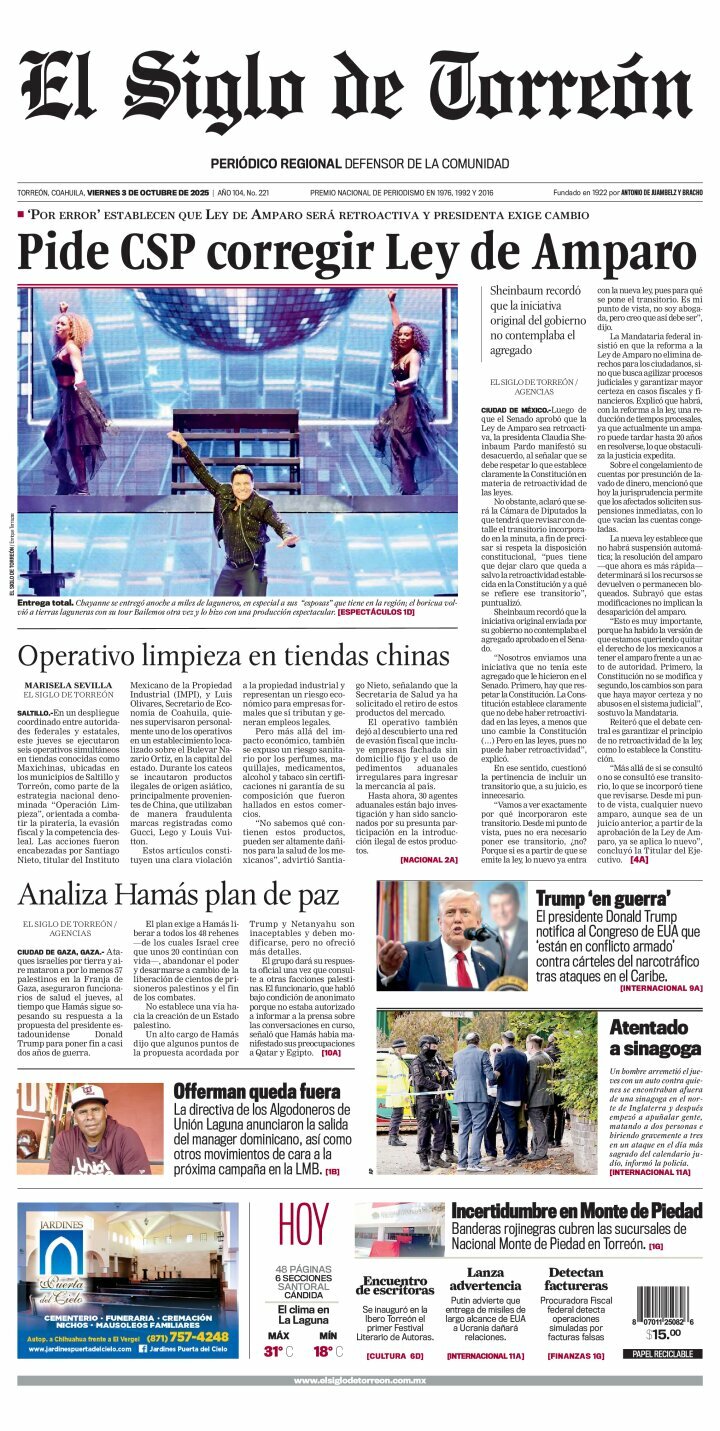 El Siglo de Torreón, edición del viernes 03 de octubre de 2025 El Siglo de Torreón, edición del viernes 03 de octubre de 2025