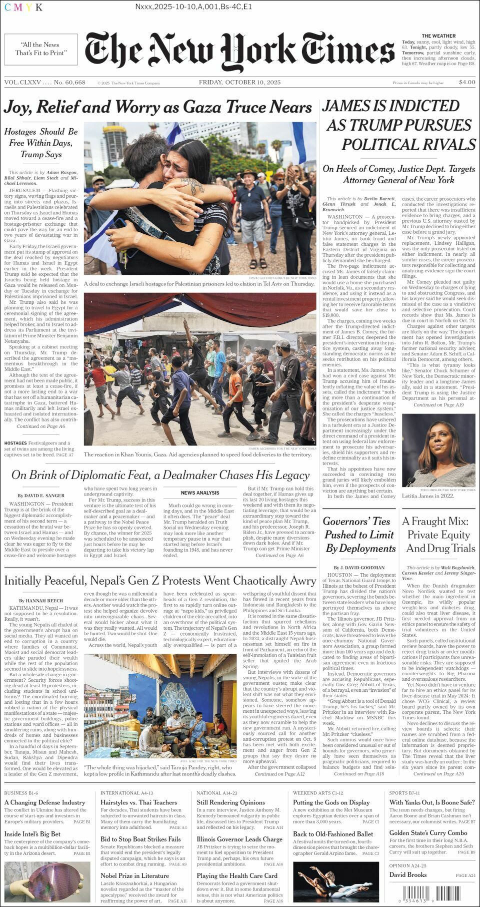 The New York Times, edición del viernes 10 de octubre de 2025 The New York Times, edición del viernes 10 de octubre de 2025