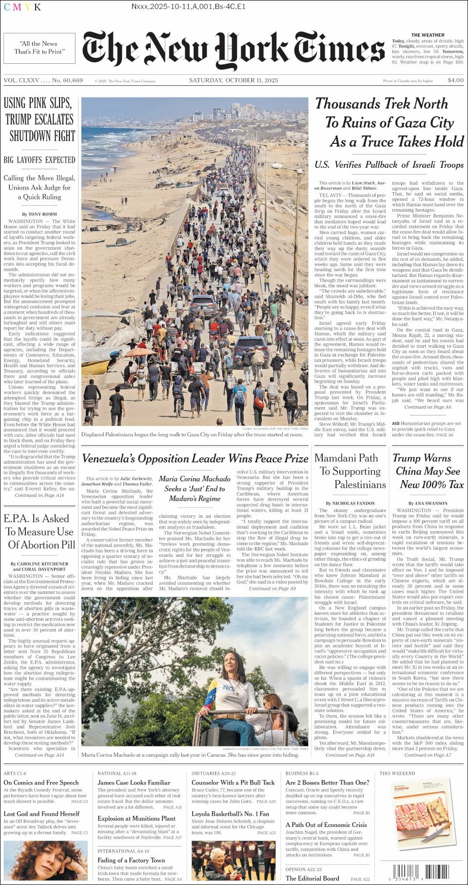 The New York Times, edición del sábado 11 de octubre de 2025 The New York Times, edición del sábado 11 de octubre de 2025