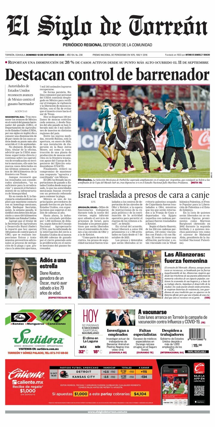 El Siglo de Torreón, edición del domingo 12 de octubre de 2025 El Siglo de Torreón, edición del domingo 12 de octubre de 2025