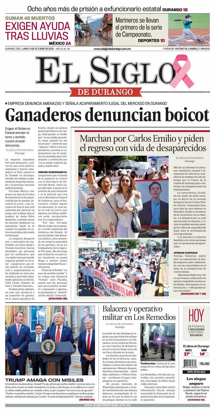 El Siglo de Durango, edición del lunes 13 de octubre de 2025 El Siglo de Durango, edición del lunes 13 de octubre de 2025