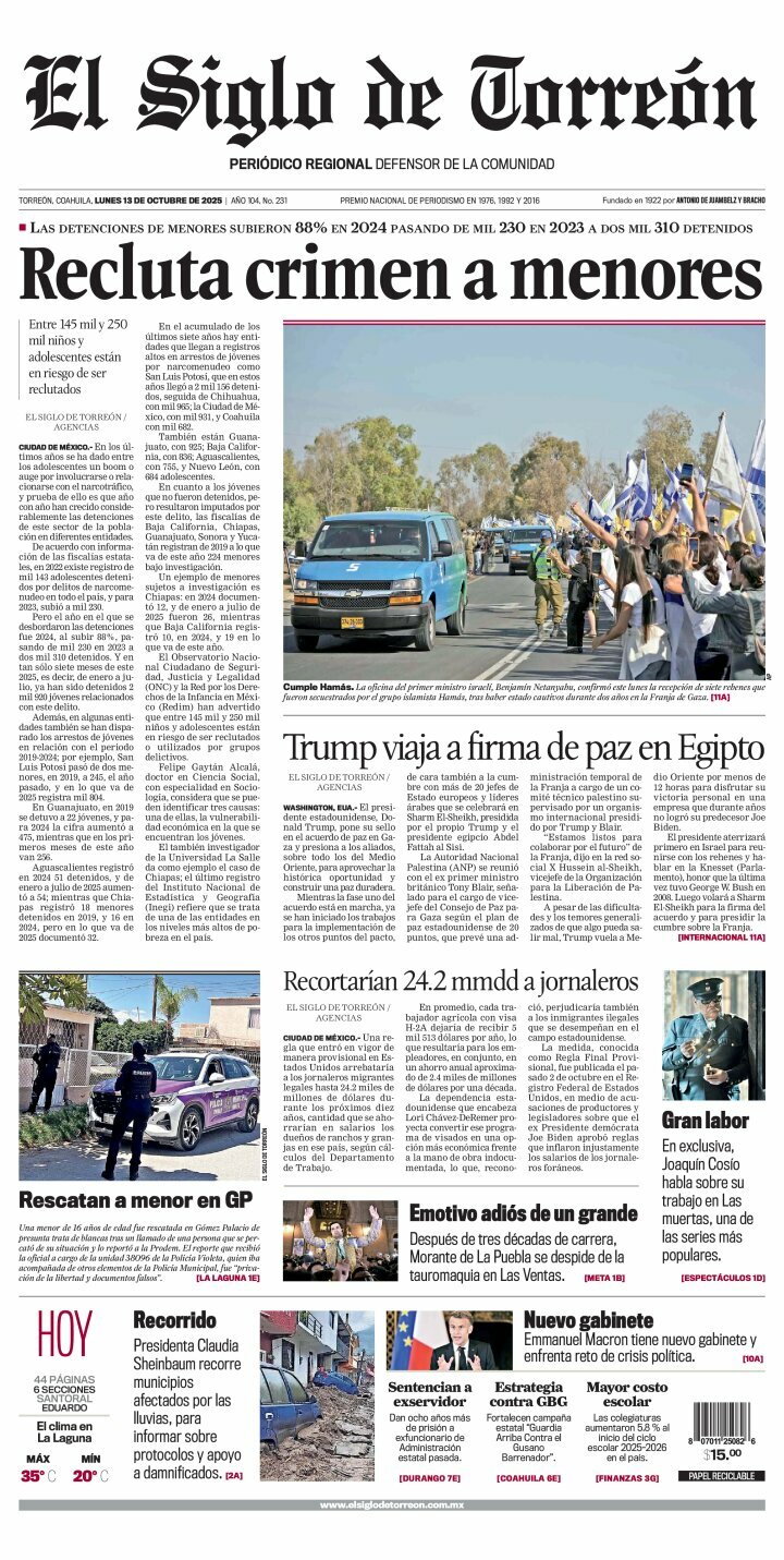El Siglo de Torreón, edición del lunes 13 de octubre de 2025 El Siglo de Torreón, edición del lunes 13 de octubre de 2025