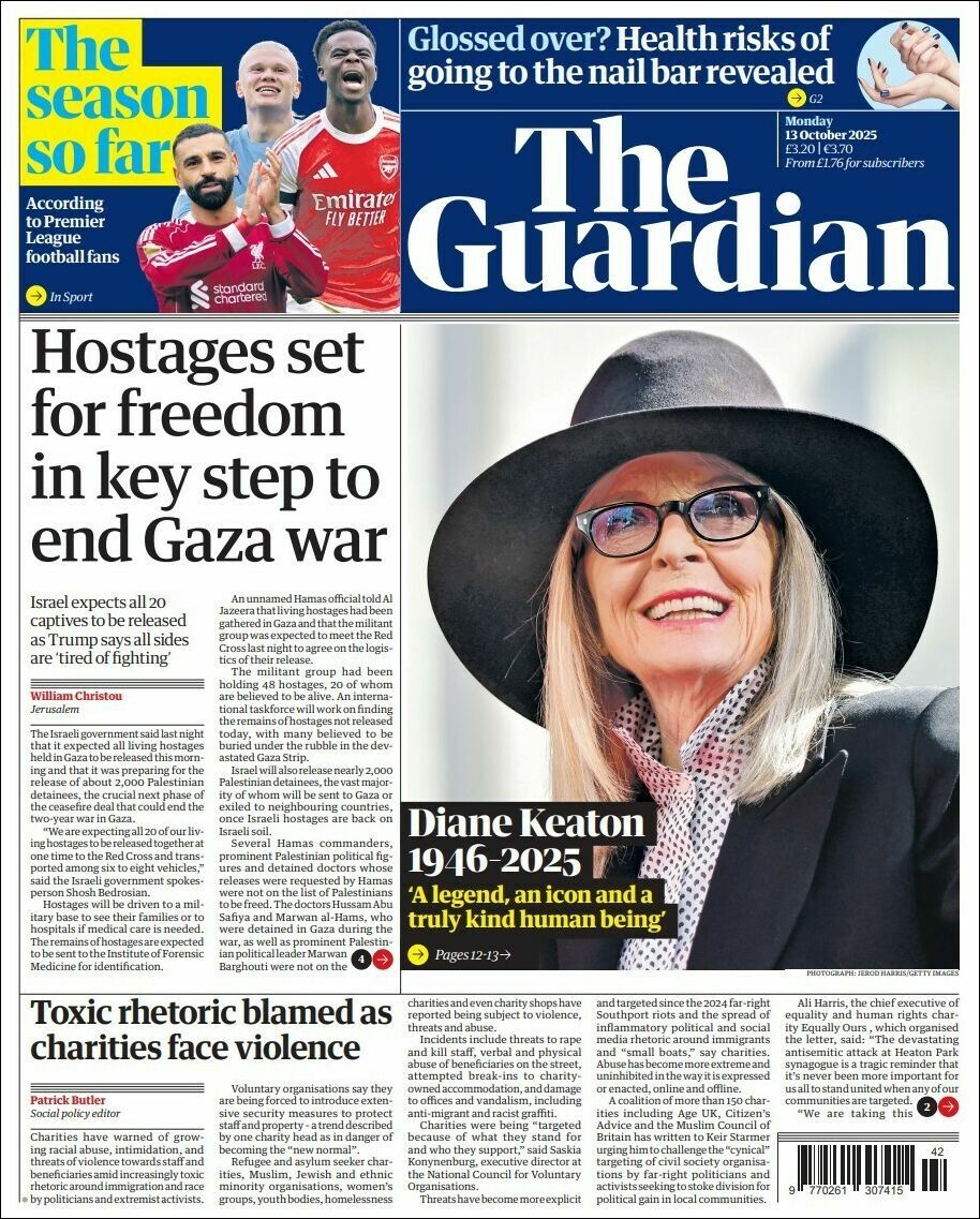 The Guardian, edición del lunes 13 de octubre de 2025 The Guardian, edición del lunes 13 de octubre de 2025