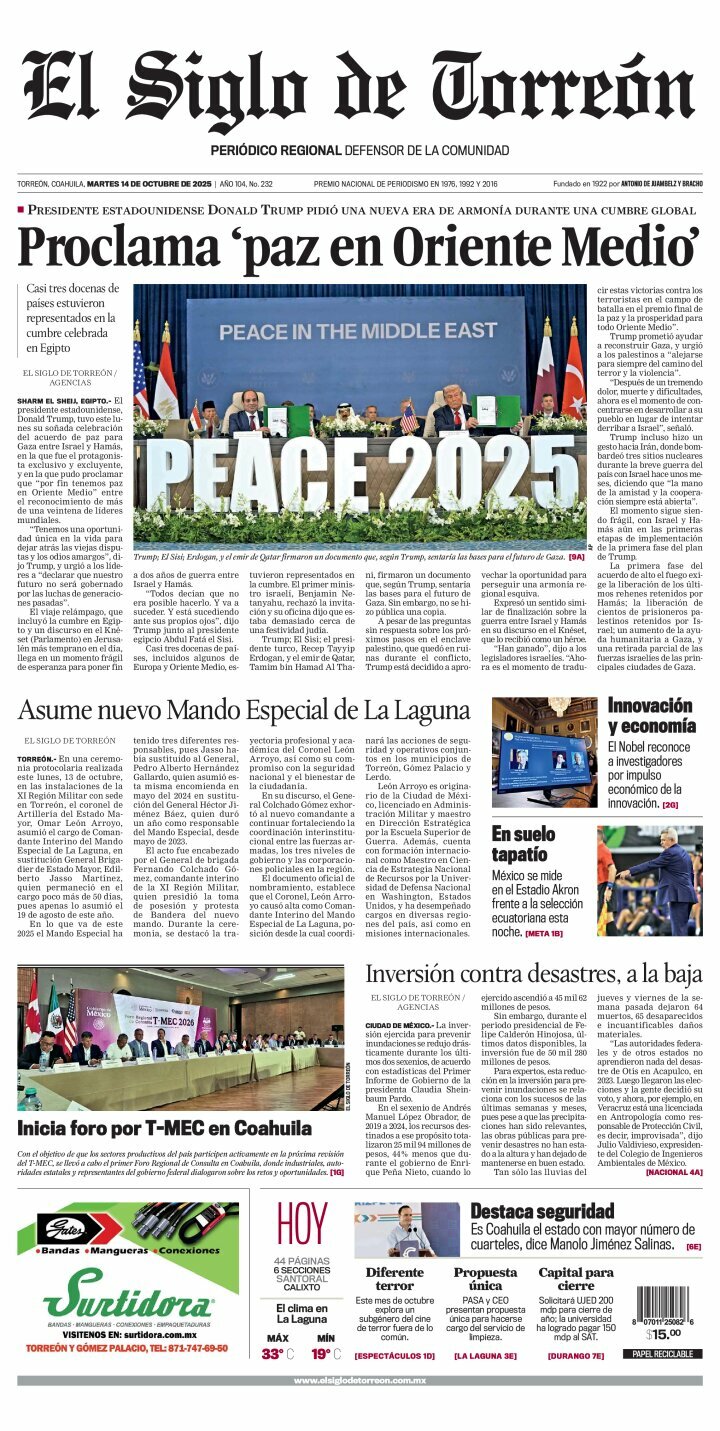 El Siglo de Torreón, edición del martes 14 de octubre de 2025 El Siglo de Torreón, edición del martes 14 de octubre de 2025