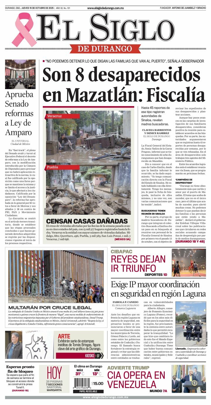 El Siglo de Durango, edición del jueves 16 de octubre de 2025 El Siglo de Durango, edición del jueves 16 de octubre de 2025
