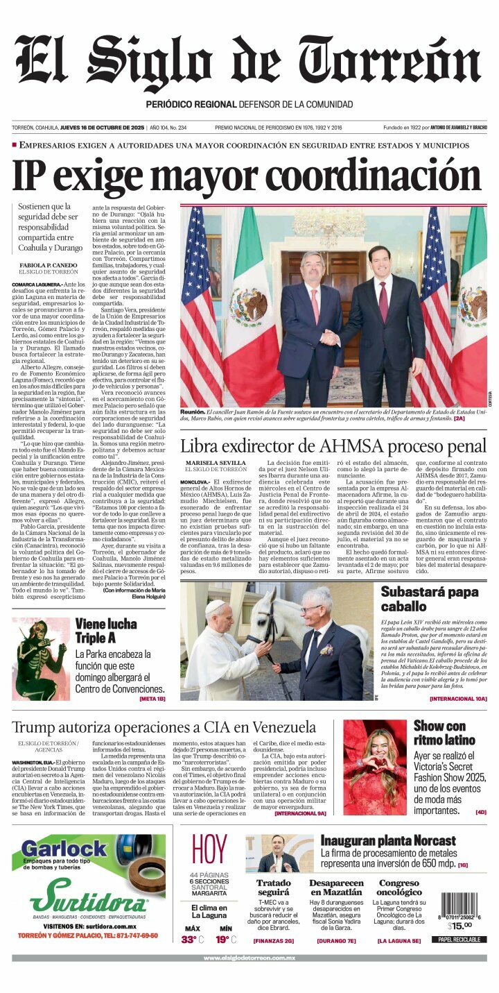 El Siglo de Torreón, edición del jueves 16 de octubre de 2025 El Siglo de Torreón, edición del jueves 16 de octubre de 2025