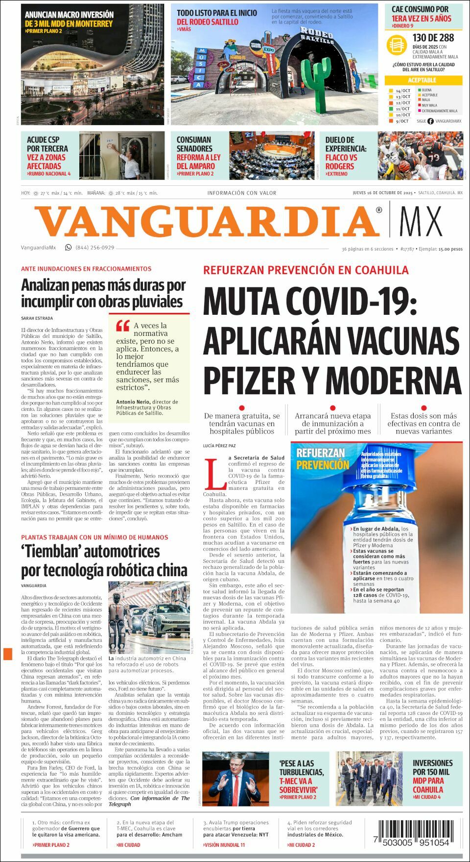 Vanguardia, edición del jueves 16 de octubre de 2025 Vanguardia, edición del jueves 16 de octubre de 2025