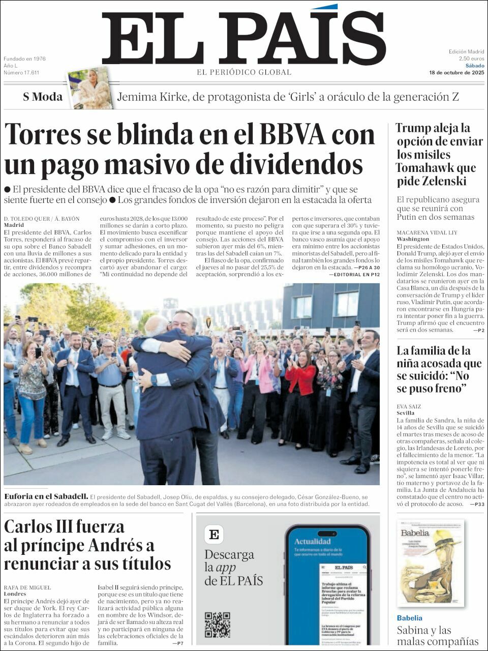 El País, edición del sábado 18 de octubre de 2025 El País, edición del sábado 18 de octubre de 2025