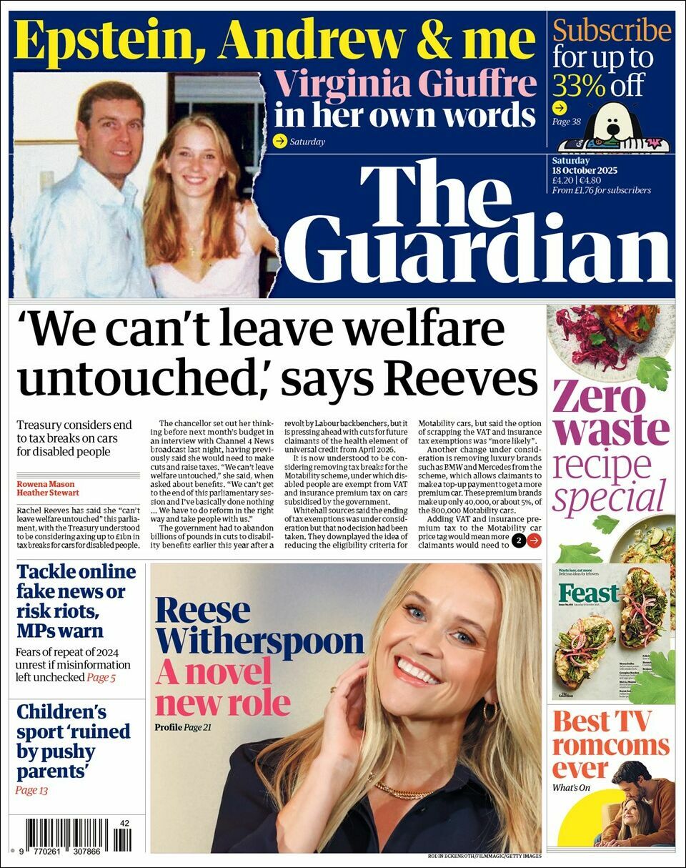 The Guardian, edición del sábado 18 de octubre de 2025 The Guardian, edición del sábado 18 de octubre de 2025