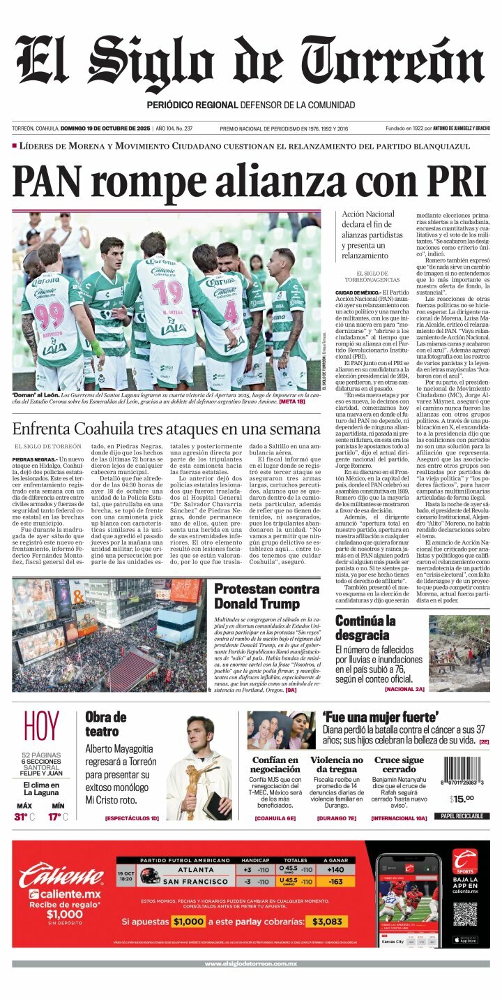 El Siglo de Torreón, edición del domingo 19 de octubre de 2025 El Siglo de Torreón, edición del domingo 19 de octubre de 2025