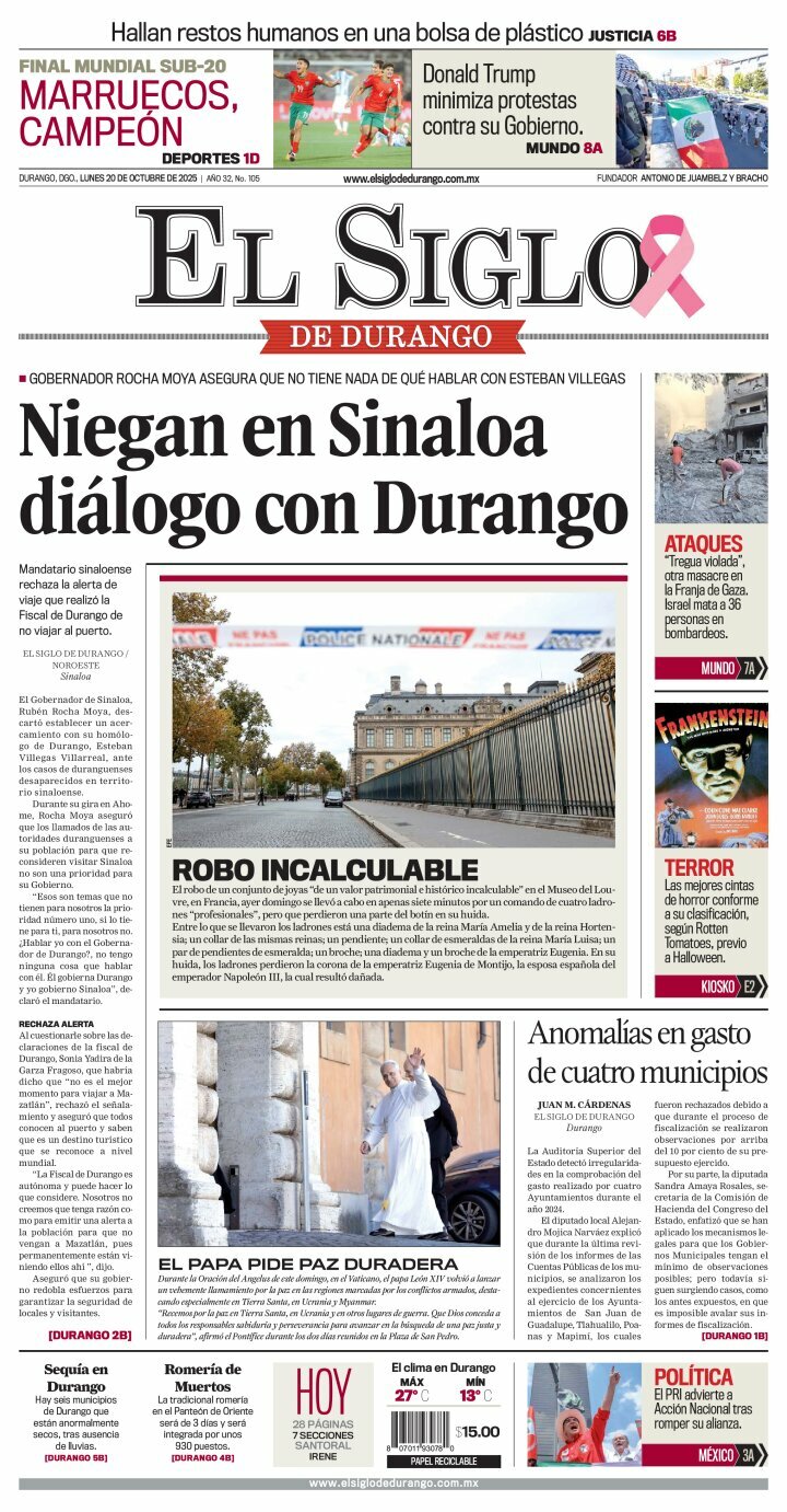 El Siglo de Durango, edición del lunes 20 de octubre de 2025 El Siglo de Durango, edición del lunes 20 de octubre de 2025