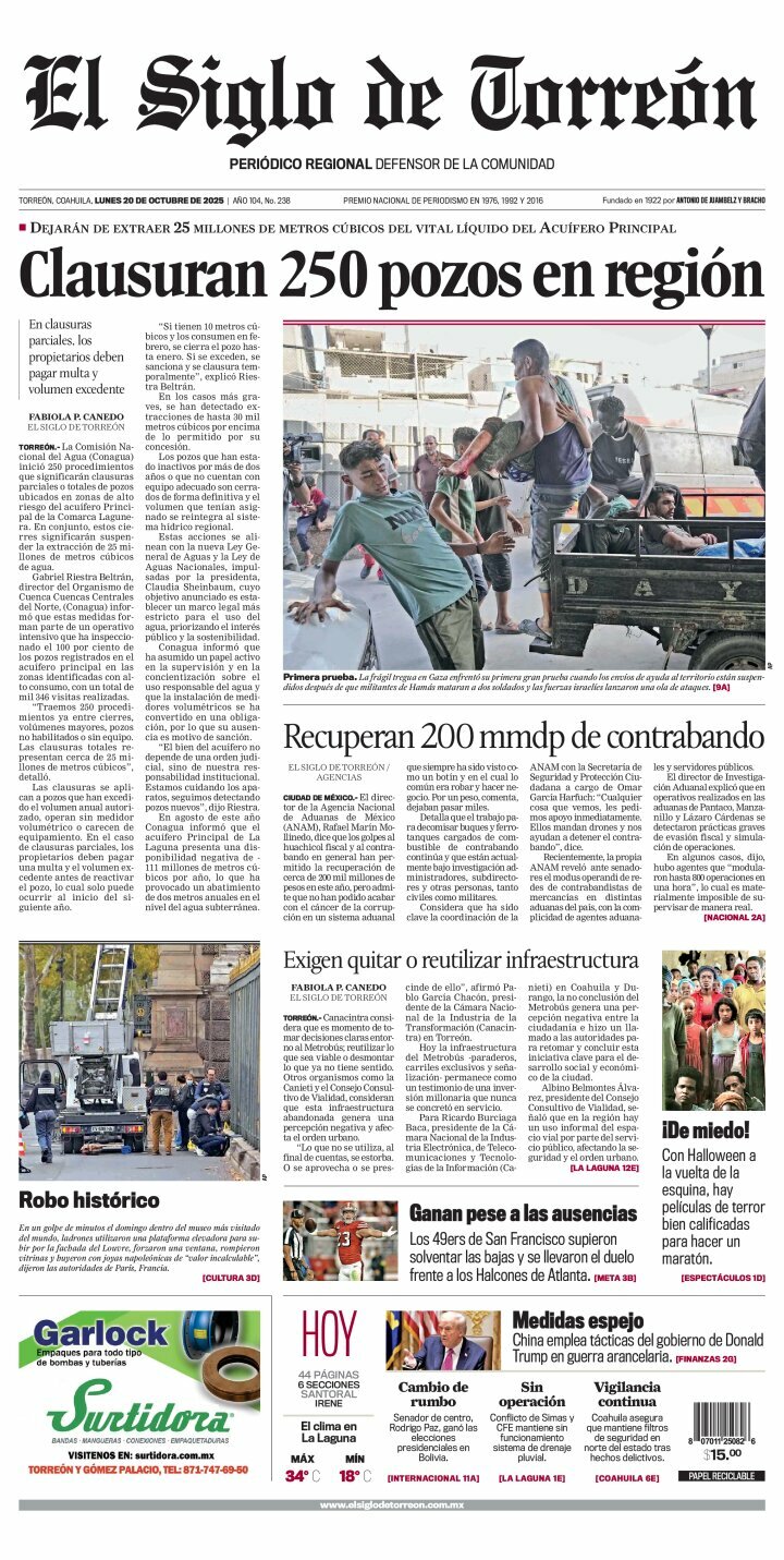 El Siglo de Torreón, edición del lunes 20 de octubre de 2025 El Siglo de Torreón, edición del lunes 20 de octubre de 2025