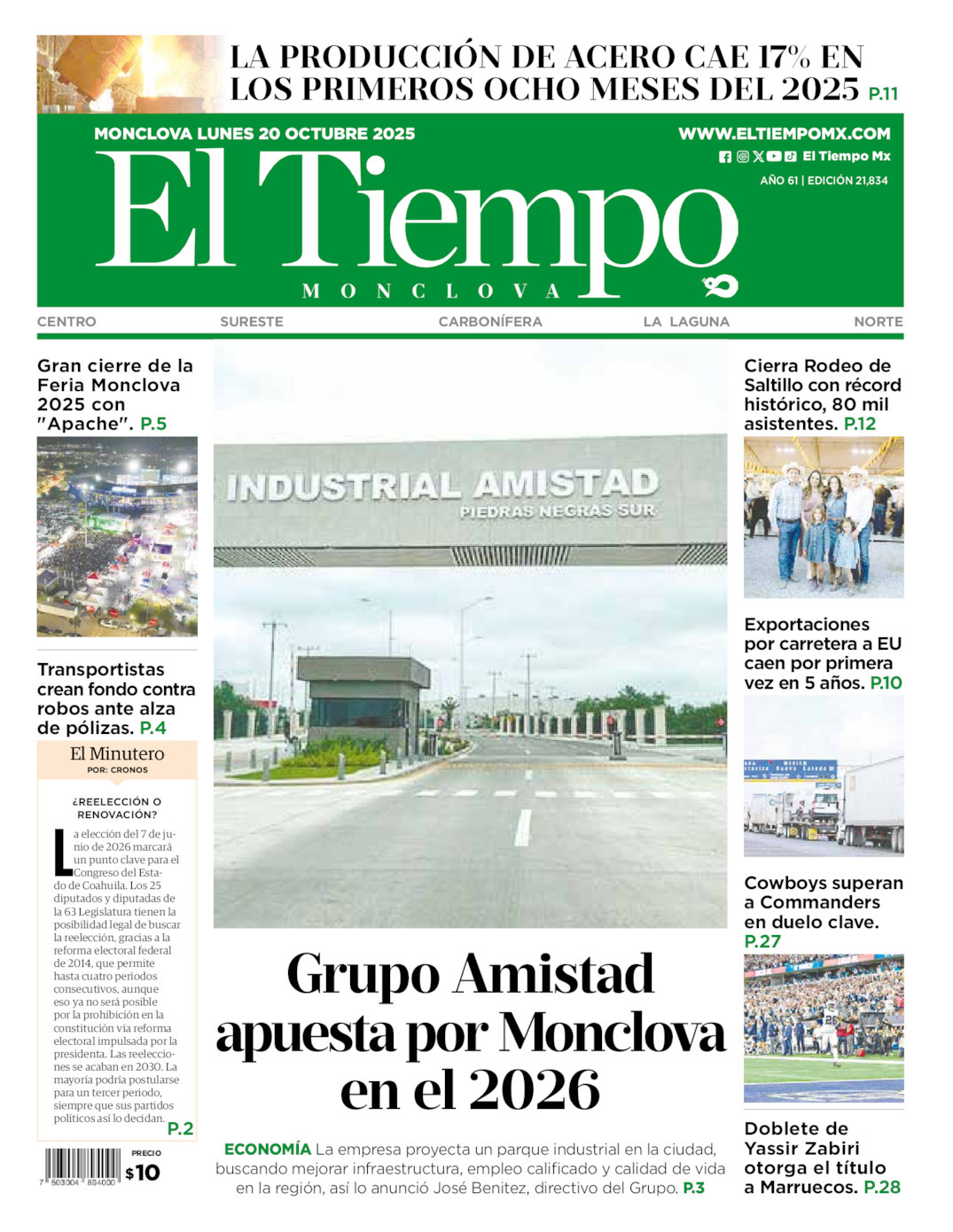 El Tiempo Monclova, edición del lunes 20 de octubre de 2025 El Tiempo Monclova, edición del lunes 20 de octubre de 2025