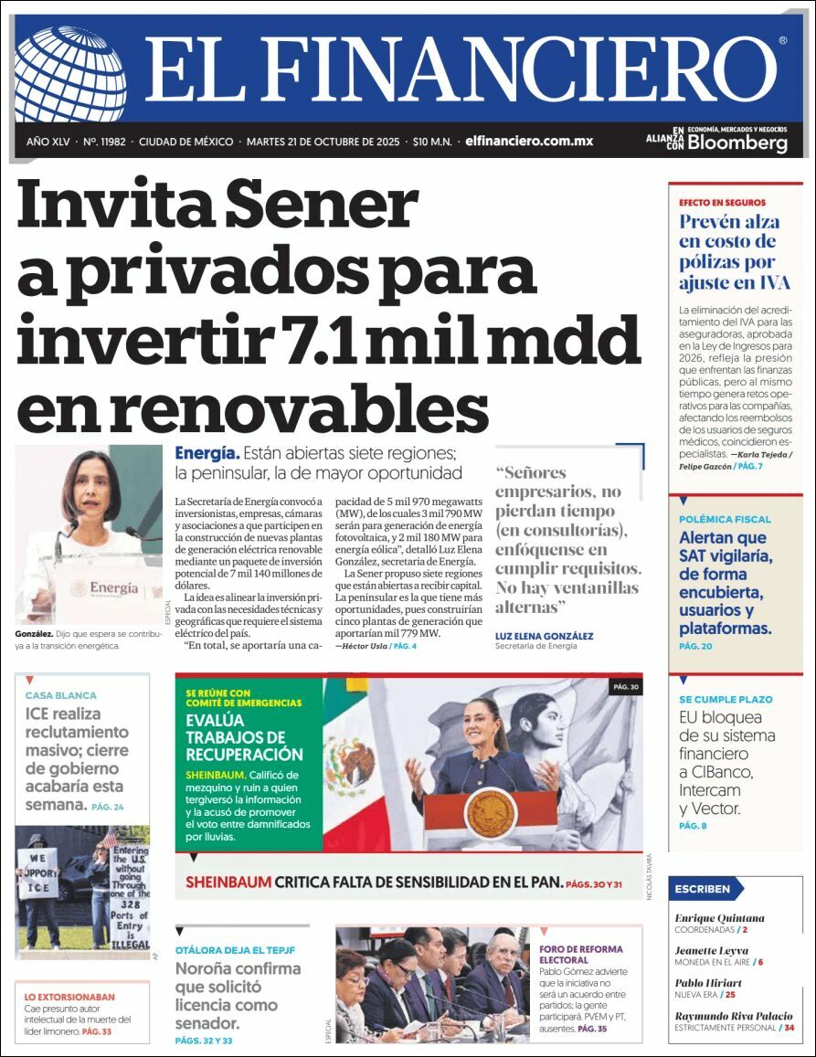 El Financiero, edición del martes 21 de octubre de 2025