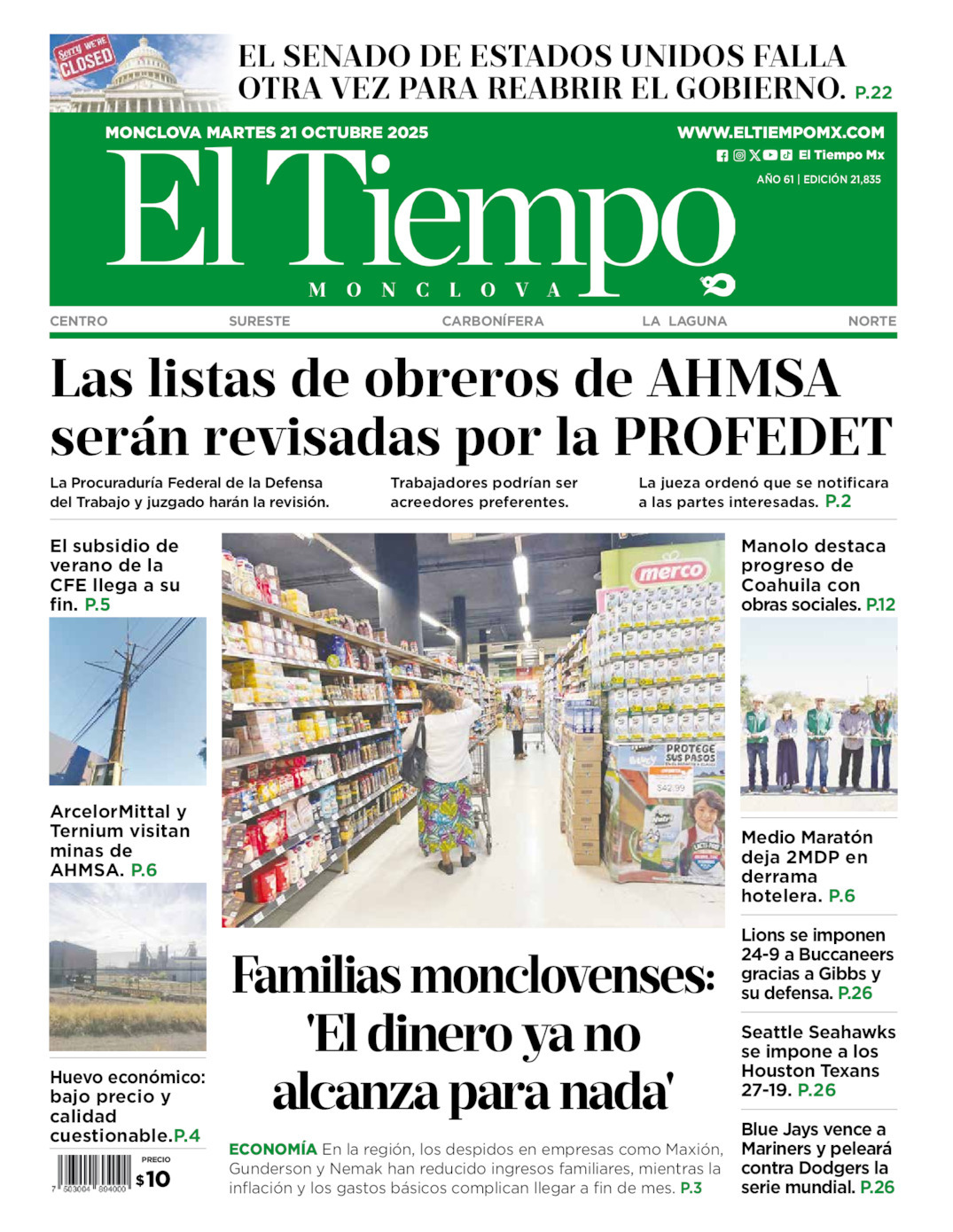 El Tiempo Monclova, edición del martes 21 de octubre de 2025