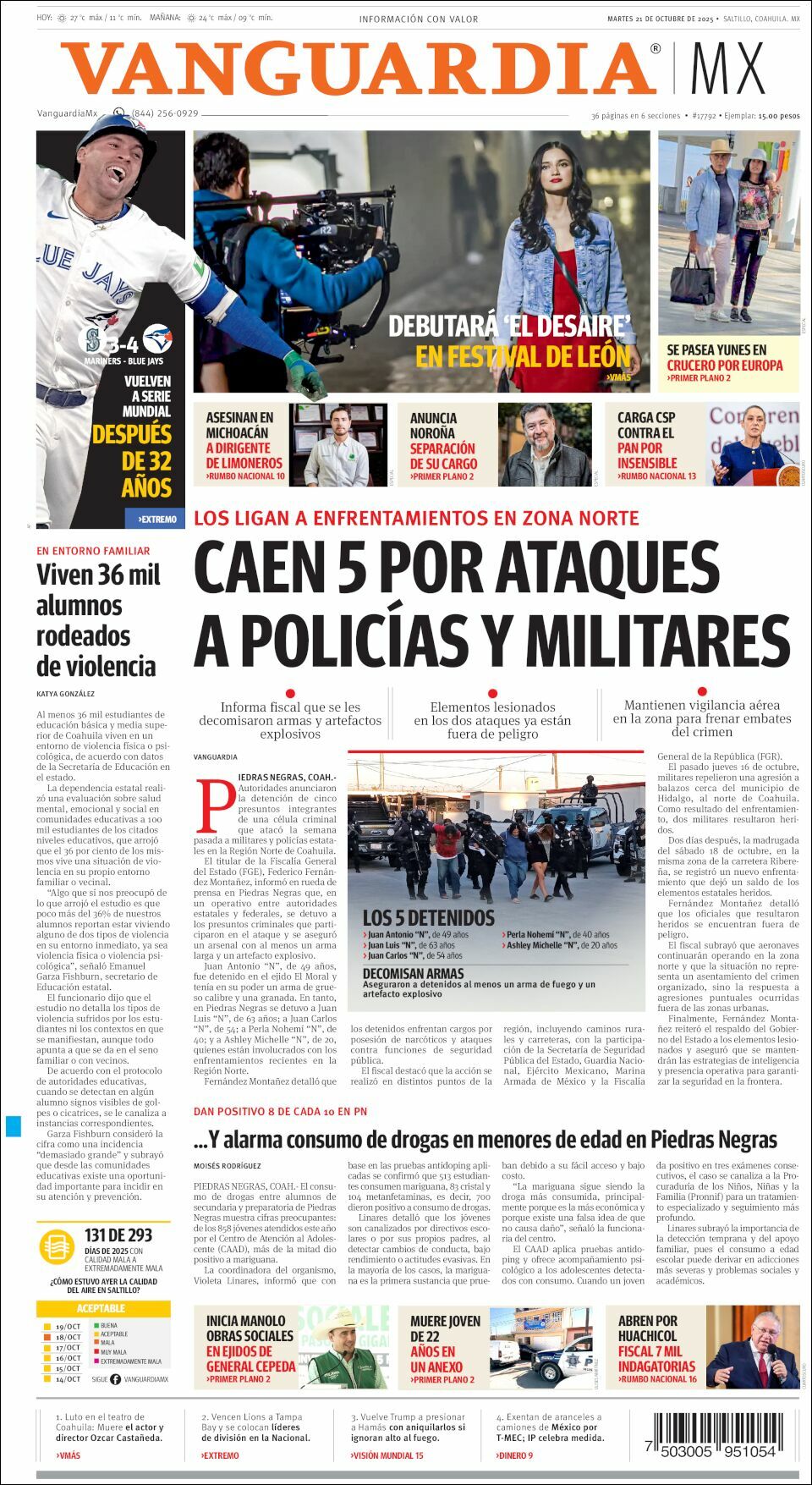 Vanguardia, edición del martes 21 de octubre de 2025