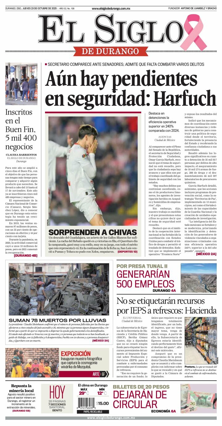 El Siglo de Durango, edición del jueves 23 de octubre de 2025 El Siglo de Durango, edición del jueves 23 de octubre de 2025