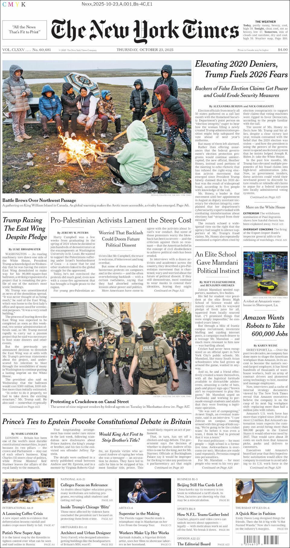 The New York Times, edición del jueves 23 de octubre de 2025 The New York Times, edición del jueves 23 de octubre de 2025