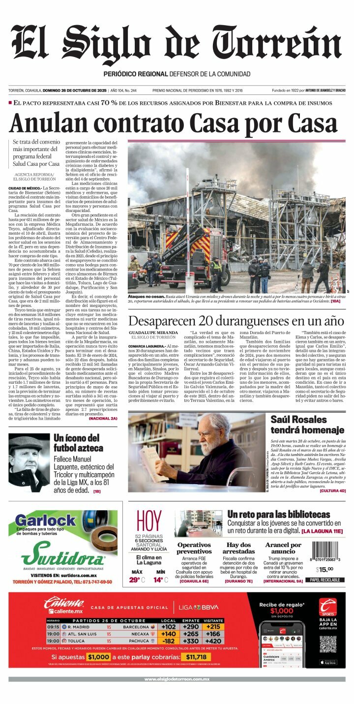 El Siglo de Torreón, edición del domingo 26 de octubre de 2025 El Siglo de Torreón, edición del domingo 26 de octubre de 2025