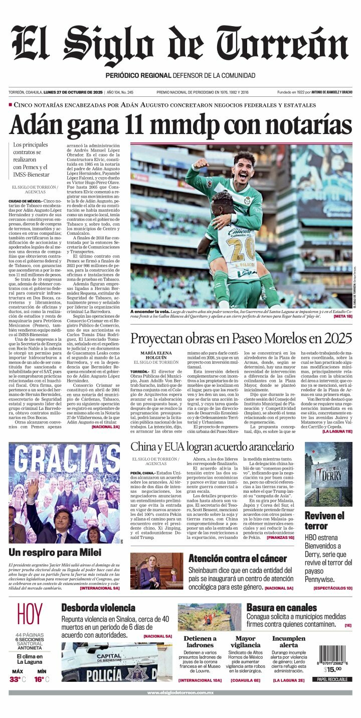 El Siglo de Torreón, edición del lunes 27 de octubre de 2025 El Siglo de Torreón, edición del lunes 27 de octubre de 2025