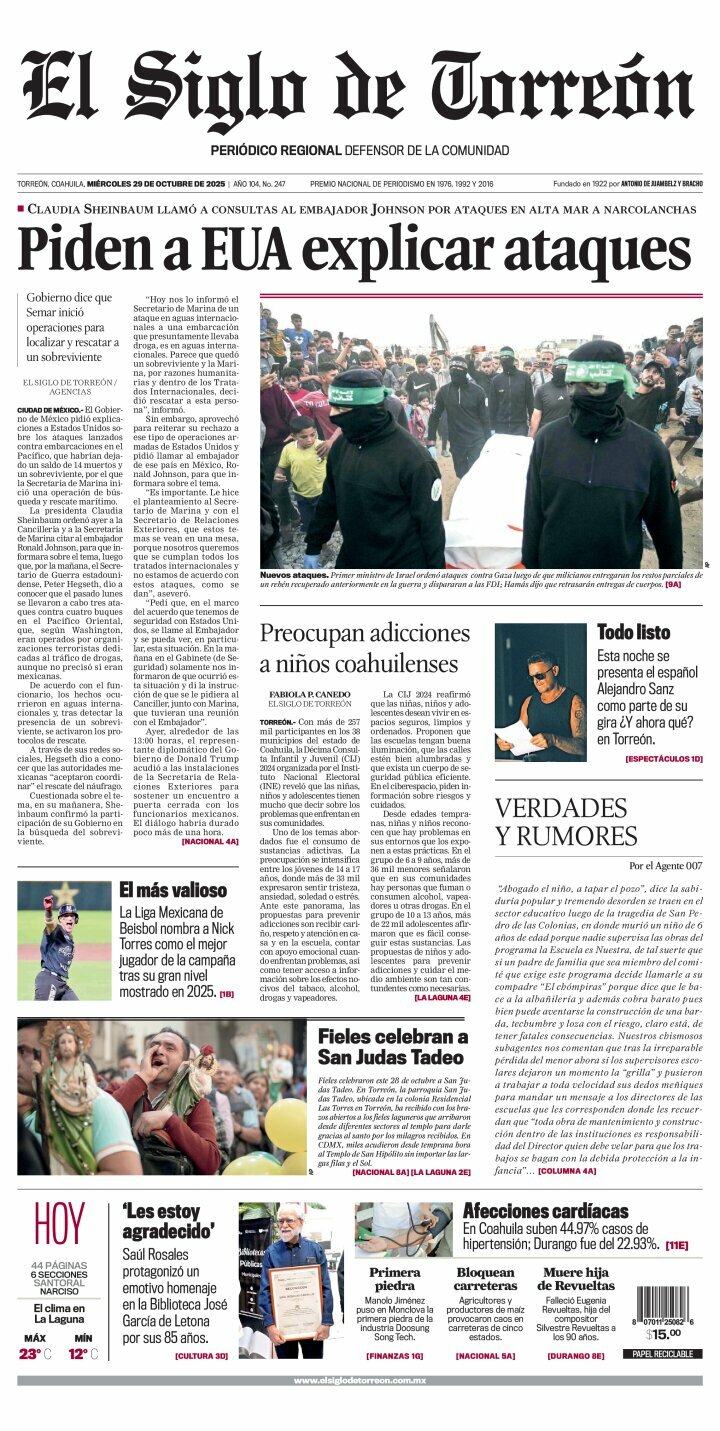 El Siglo de Torreón, edición del miércoles 29 de octubre de 2025 El Siglo de Torreón, edición del miércoles 29 de octubre de 2025
