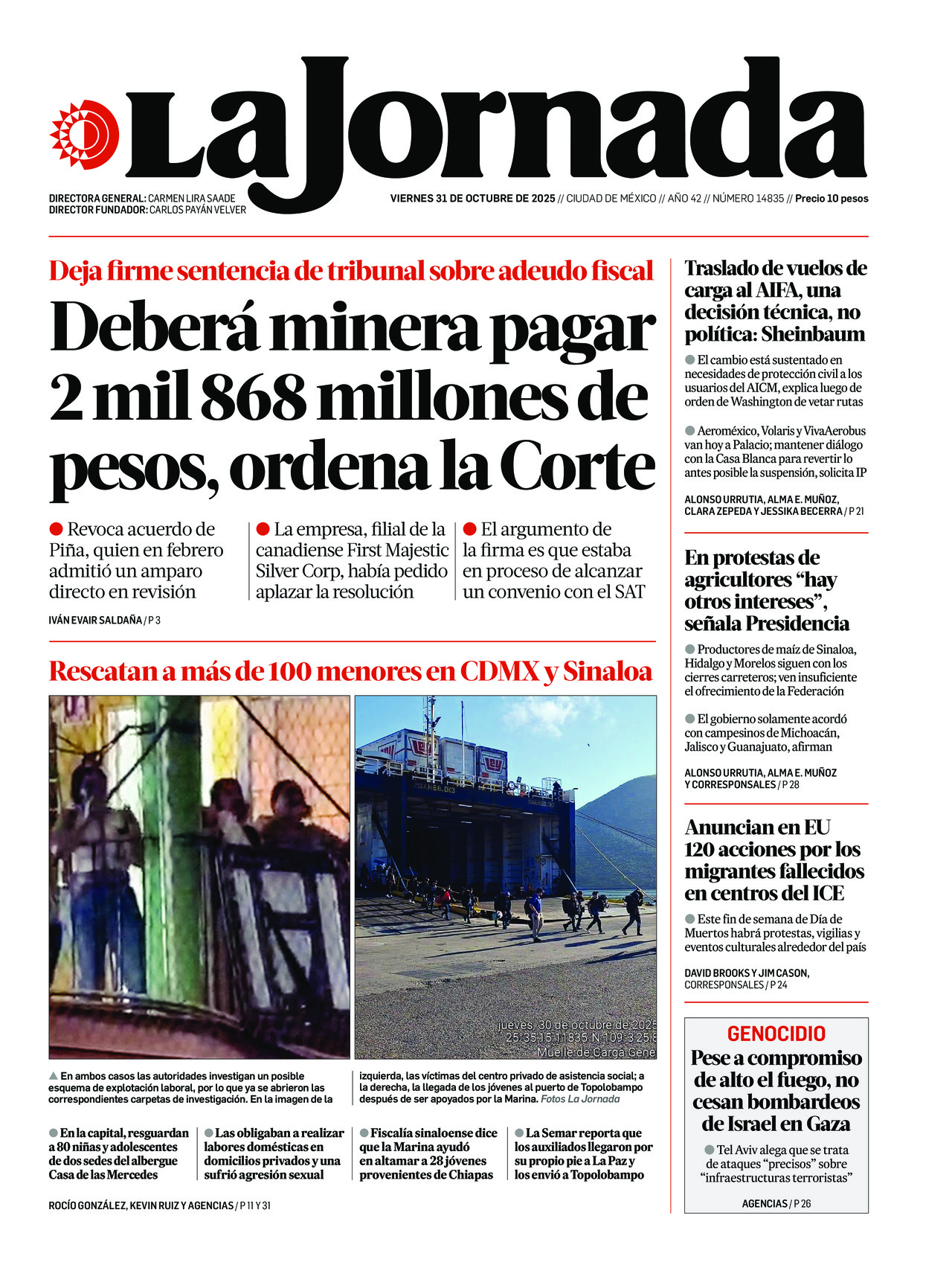 La Jornada, edición del viernes 31 de octubre de 2025