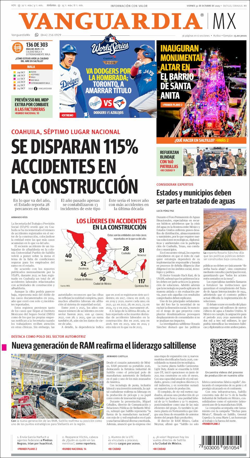 Vanguardia, edición del viernes 31 de octubre de 2025